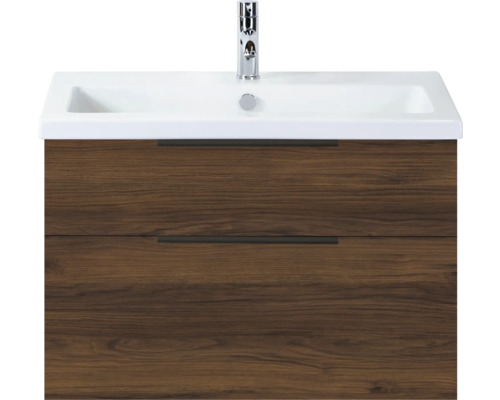 SANOX Badkamermeubelset Think walnoot 80 cm met twee lades incl. kunststenen wastafel met één kraangat Wastafelonderkast met twee laden, wastafel en kraan
