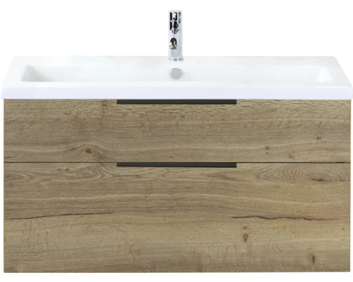 SANOX Badkamermeubelset Think natuur eiken 100 cm met twee lades incl. kunststenen wastafel met één kraangat Wastafelonderkast met twee laden en keramische wastafel