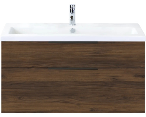 SANOX Badkamermeubelset Think walnoot 100 cm met twee lades incl. kunststenen wastafel met één kraangat Wastafelonderkast met twee laden en opzetwastafel