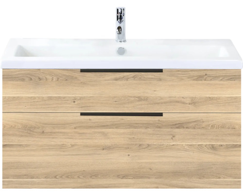 SANOX Badkamermeubelset Think grey oak 100 cm met twee lades incl. kunststenen wastafel met één kraangat Wastafelonderkast met twee laden en opzetwastafel