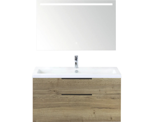 SANOX Badkamermeubelset Think natuur eiken 100 cm met twee lades incl. kunststenen wastafel met één kraangat en Sence spiegel Wastafelcombinatie met spiegel en onderkast in houtlook