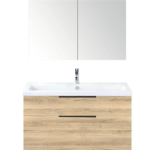 Wastafelcombinatie met spiegelkast, licht houten decor en witte wastafel