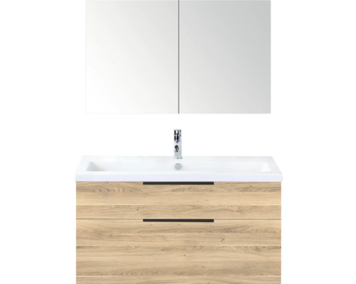 Wastafelcombinatie met spiegelkast, licht houten decor en witte wastafel