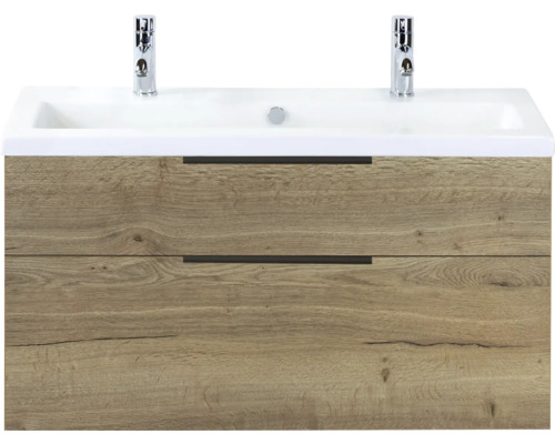 SANOX Badkamermeubelset Think natuur eiken 100 cm met twee lades incl. kunststenen wastafel met twee kraangaten Wastafelonderkast met twee laden en opzetwastafel