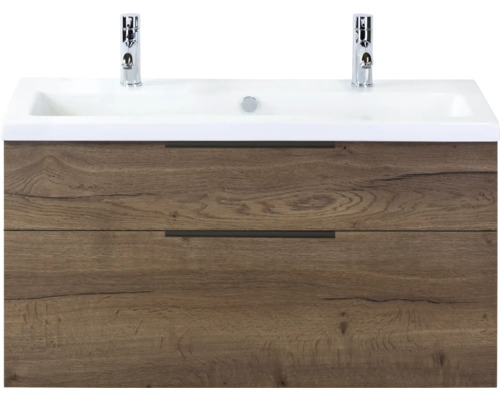 SANOX Badkamermeubelset Think tabacco 100 cm met twee lades incl. kunststenen wastafel met twee kraangaten Wastafelonderkast met twee lades en dubbele wastafel