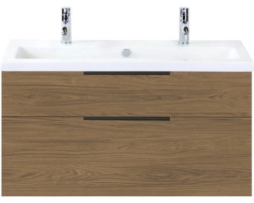 SANOX Badkamermeubelset Think honey 100 cm met twee lades incl. kunststenen wastafel met twee kraangaten Wastafelonderkast met twee laden en opzetwastafel