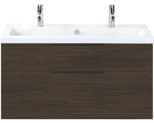 SANOX Badkamermeubelset Think smoke brown 100 cm met twee lades incl. kunststenen wastafel met twee kraangaten Wastafelonderkast met twee laden en opzetwastafel