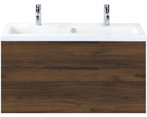SANOX Badkamermeubelset Think walnoot 100 cm met twee lades incl. kunststenen wastafel met twee kraangaten Wastafelonderkast met twee lades en opzetwastafel