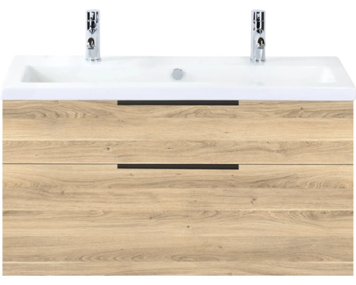 SANOX Badkamermeubelset Think grey oak 100 cm met twee lades incl. kunststenen wastafel met twee kraangaten Wastafelonderkast met twee lades en wastafel