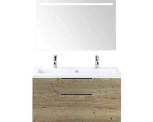 SANOX Badkamermeubelset Think natuur eiken 100 cm met twee lades incl. kunststenen wastafel met twee kraangaten en Sence spiegel Wastafelmeubel met spiegel en houten onderkast