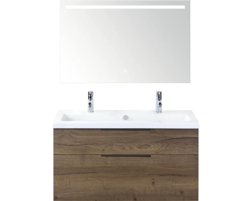 SANOX Badkamermeubelset Think tabacco 100 cm met twee lades incl. kunststenen wastafel met twee kraangaten en Sence spiegel Wastafelcombinatie met spiegel en twee lades in houtlook