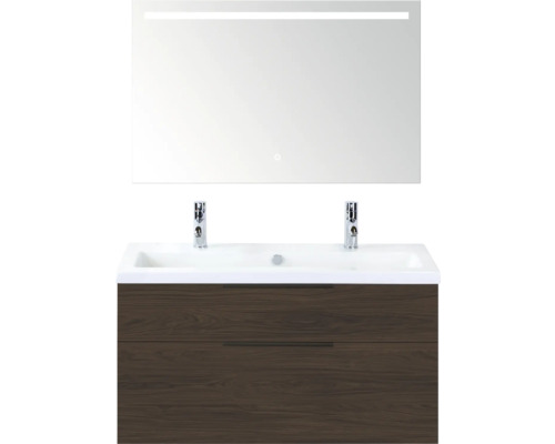 SANOX Badkamermeubelset Think smoke brown 100 cm met twee lades incl. kunststenen wastafel met twee kraangaten en Sence spiegel Wastafel met onderkast en spiegel met verlichting