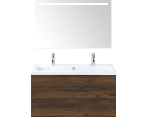 SANOX Badkamermeubelset Think walnoot 100 cm met twee lades incl. kunststenen wastafel met twee kraangaten en Sence spiegel Wastafelmeubel met spiegel en twee lades