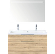 Wastafelmeubel met twee laden, wastafel en spiegel met verlichting voor de badkamer