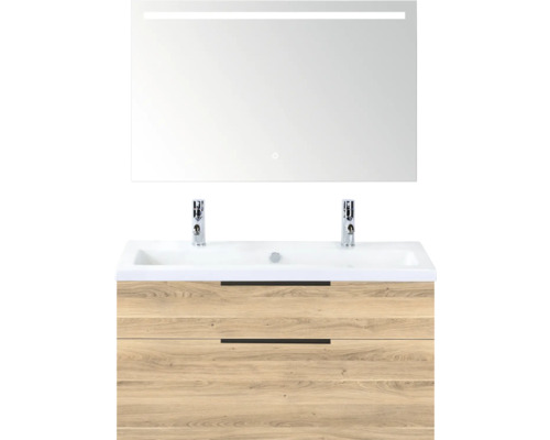 SANOX Badkamermeubelset Think grey oak 100 cm met twee lades incl. kunststenen wastafel met twee kraangaten en Sence spiegel Wastafelmeubel met twee laden, wastafel en spiegel met verlichting voor de badkamer