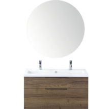 Wastafelmeubel met ronde spiegel, waskom, kranen en onderkast met twee laden