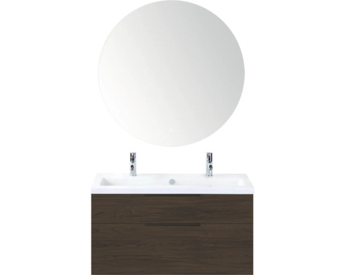 SANOX Badkamermeubelset Think smoke brown 100 cm met twee lades incl. kunststenen wastafel met twee kraangaten en Rondo spiegel Badkamermeubelset met ronde spiegel, wastafel en onderkast