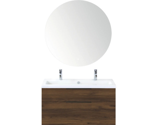 SANOX Badkamermeubelset Think walnoot 100 cm met twee lades incl. kunststenen wastafel met twee kraangaten en Rondo spiegel Wastafelmeubel met ronde spiegel, kranen en houten onderkast