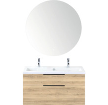 Wastafelcombinatie met ronde spiegel, houtstructuur en twee laden