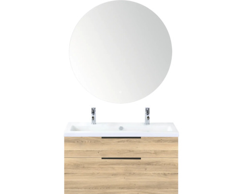 SANOX Badkamermeubelset Think grey oak 100 cm met twee lades incl. kunststenen wastafel met twee kraangaten en Rondo spiegel Wastafelcombinatie met ronde spiegel, houtstructuur en twee laden