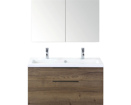 SANOX Badkamermeubelset Think tabacco 100 cm met twee lades incl. kunststenen wastafel met twee kraangaten en spiegelkast Wastafelmeubel met houten onderkast, keramische wasbak en spiegelkast