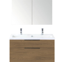 Wastafelcombinatie met spiegelkast, houtdecor en opzetwastafel