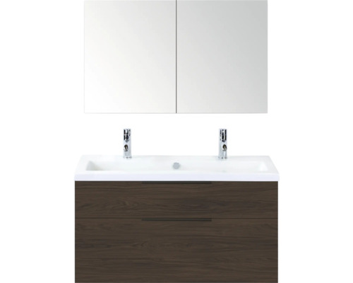 SANOX Badkamermeubelset Think smoke brown 100 cm met twee lades incl. kunststenen wastafel met twee kraangaten en spiegelkast Wastafelcombinatie met twee laden, wastafel en spiegelkast