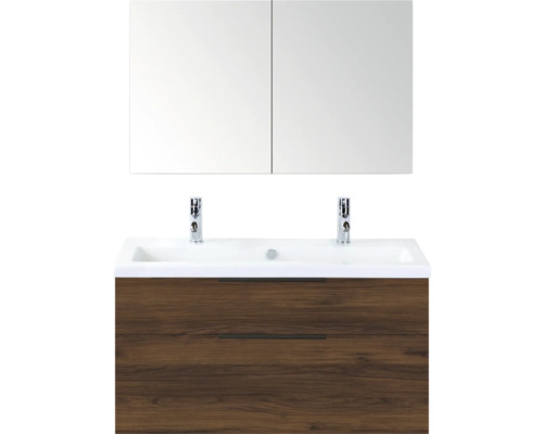 SANOX Badkamermeubelset Think walnoot 100 cm met twee lades incl. kunststenen wastafel met twee kraangaten en spiegelkast Wastafelmeubel met wastafel, kraan en spiegelkast voor de badkamer