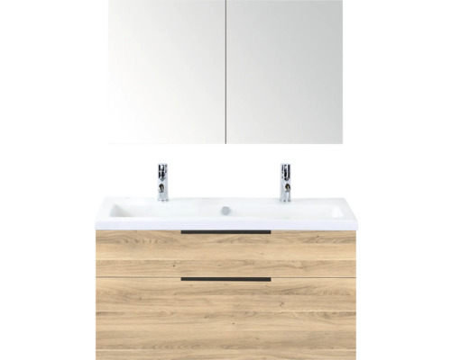 SANOX Badkamermeubelset Think grey oak 100 cm met twee lades incl. kunststenen wastafel met twee kraangaten en spiegelkast Badkamermeubelset met wastafel, wasbak en spiegelkast