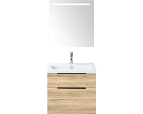 SANOX Badkamermeubelset Think grey oak 60 cm met twee lades incl. kunststenen wastafel met één kraangat en Sence spiegel Wastafelcombinatie met spiegel en onderkast