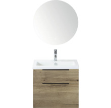 Wastafelmeubel met ronde spiegel, kraan en houtlook