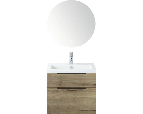 SANOX Badkamermeubelset Think natuur eiken 60 cm met twee lades incl. kunststenen wastafel met één kraangat en Rondo spiegel Wastafelmeubel met ronde spiegel, kraan en houtlook