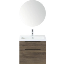 Wastafelmeubel met ronde spiegel, wastafelkraan en onderkast met twee laden