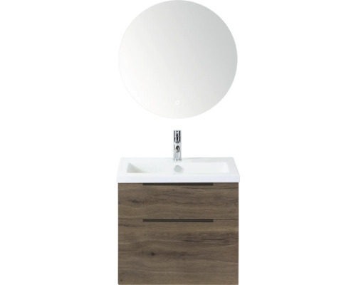 SANOX Badkamermeubelset Think tabacco 60 cm met twee lades incl. kunststenen wastafel met één kraangat en Rondo spiegel Wastafelmeubel met ronde spiegel, wastafelkraan en onderkast met twee laden
