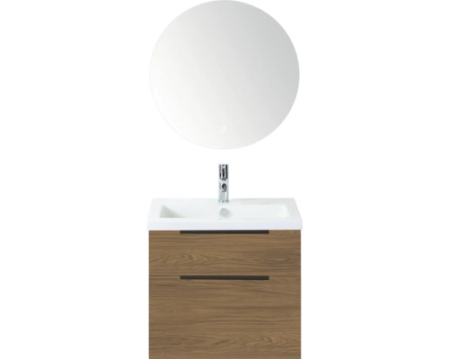 SANOX Badkamermeubelset Think honey 60 cm met twee lades incl. kunststenen wastafel met één kraangat en Rondo spiegel Wastafelonderkast met twee laden, wastafel en ronde spiegel