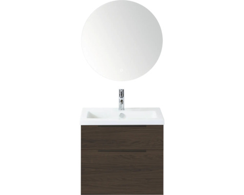 SANOX Badkamermeubelset Think smoke brown 60 cm met twee lades incl. kunststenen wastafel met één kraangat en Rondo spiegel Wastafelcombinatie met ronde spiegel, wastafel en onderkast