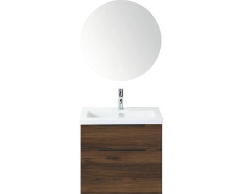 SANOX Badkamermeubelset Think walnoot 60 cm met twee lades incl. kunststenen wastafel met één kraangat en Rondo spiegel Wastafelcombinatie met ronde spiegel, wastafel en onderkast