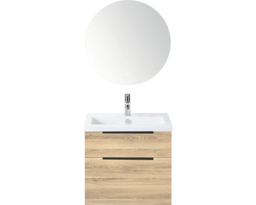 SANOX Badkamermeubelset Think grey oak 60 cm met twee lades incl. kunststenen wastafel met één kraangat en Rondo spiegel Badkamermeubelset met ronde spiegel, wastafel en onderkast