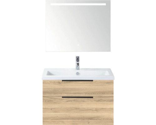 SANOX Badkamermeubelset Think grey oak 80 cm met twee lades incl. kunststenen wastafel met één kraangat en Sence spiegel Wastafelcombinatie met spiegel, wastafel, kraan en onderkast