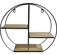 Ronde wandplank met drie houten planken en zwart metalen frame