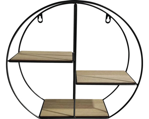 Ronde wandplank met drie houten planken en zwart metalen frame