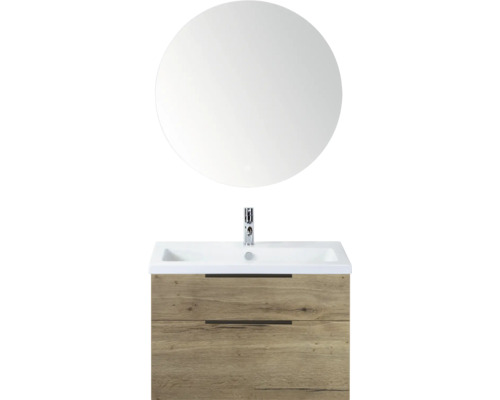 SANOX Badkamermeubelset Think natuur eiken 80 cm met twee lades incl. kunststenen wastafel met één kraangat en Rondo spiegel Wastafelcombinatie met ronde spiegel, wastafel en onderkast met twee lades