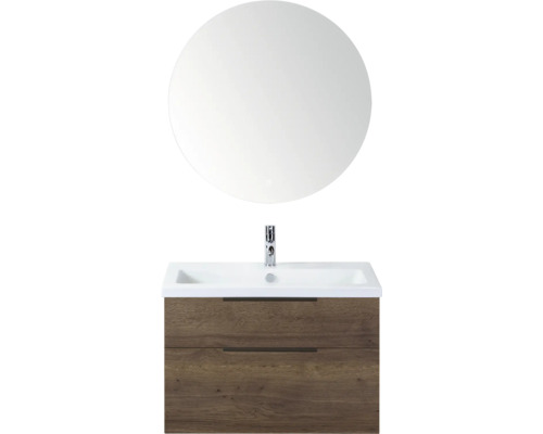 SANOX Badkamermeubelset Think tabacco 80 cm met twee lades incl. kunststenen wastafel met één kraangat en Rondo spiegel Wastafelcombinatie met ronde spiegel, wastafel en onderkast