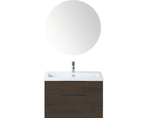 SANOX Badkamermeubelset Think smoke brown 80 cm met twee lades incl. kunststenen wastafel met één kraangat en Rondo spiegel Wastafelcombinatie met ronde spiegel en twee lades