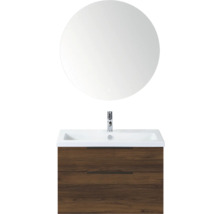 Wastafelcombinatie met ronde spiegel en houten onderkast