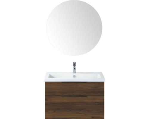 SANOX Badkamermeubelset Think walnoot 80 cm met twee lades incl. kunststenen wastafel met één kraangat en Rondo spiegel Wastafelcombinatie met ronde spiegel en houten onderkast