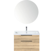 Badkamermeubelset met ronde spiegel, wastafel en onderkast met twee laden