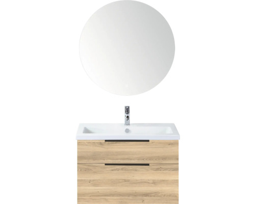 SANOX Badkamermeubelset Think grey oak 80 cm met twee lades incl. kunststenen wastafel met één kraangat en Rondo spiegel Badkamermeubelset met ronde spiegel, wastafel en onderkast met twee laden