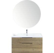 Wastafelmeubel met ronde spiegel, kraan en twee lades