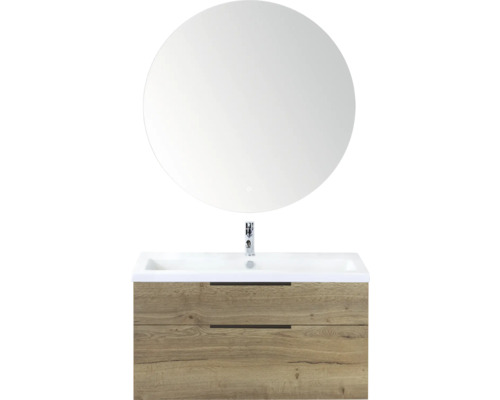 SANOX Badkamermeubelset Think natuur eiken 100 cm met twee lades incl. kunststenen wastafel met één kraangat en Rondo spiegel Wastafelmeubel met ronde spiegel, kraan en twee lades